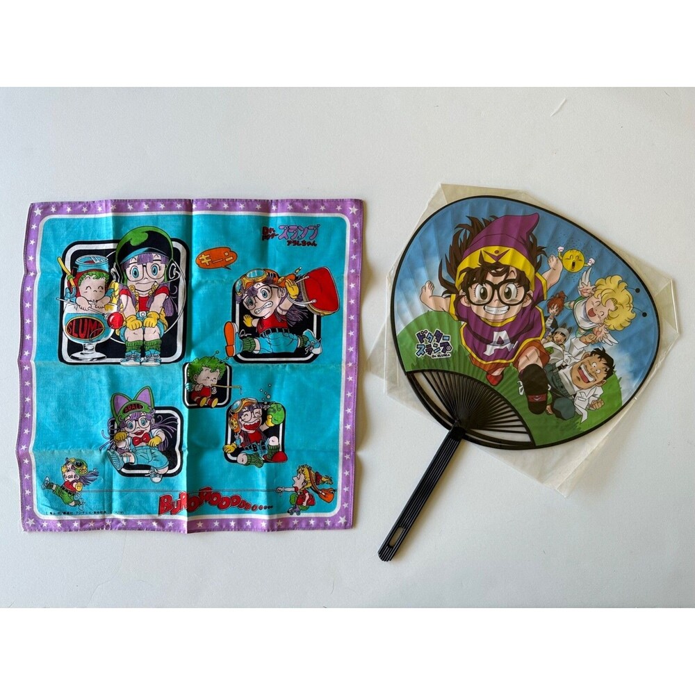 Vintage Dr Slump Arare Paper Fan & Handkerchief Akira Toriyama Japan Anime Manga